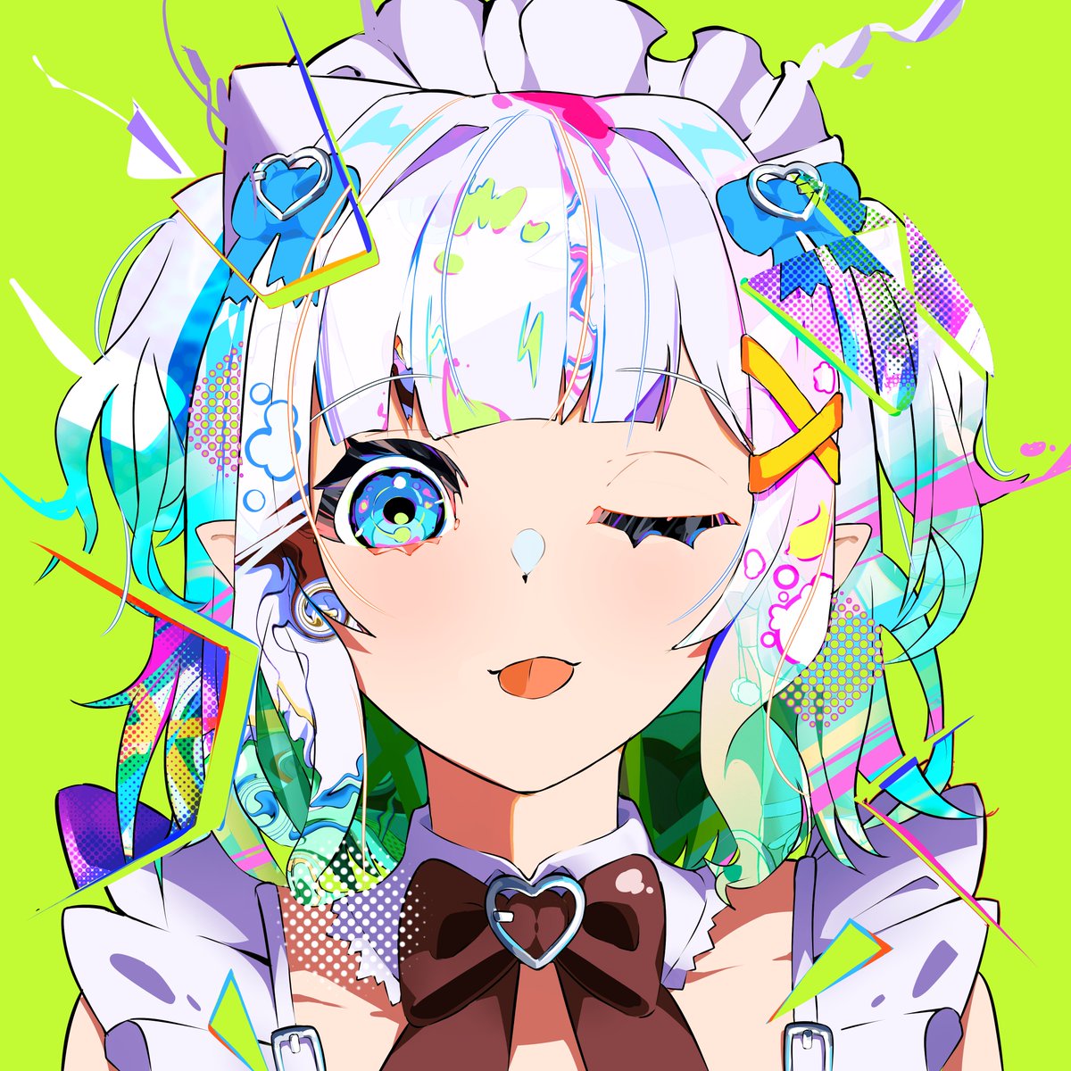 ;p, blue_eyes, bow, bowtie, brown_bow, brown_bowtie, chattdraws, detached_collar, ghost, gradient_hair, green_background, green_hair, hair_ornament, hairclip, highres, indie_virtual_youtuber, maid_headdress, mint_fantome, mint_fantome_(minto_2.0), multicolored_hair, one_eye_closed, pointy_ears, short_hair, simple_background, tongue, tongue_out, triangular_headpiece, two_side_up, upper_body, virtual_youtuber, wavy_hair, white_hair, x_hair_ornament
