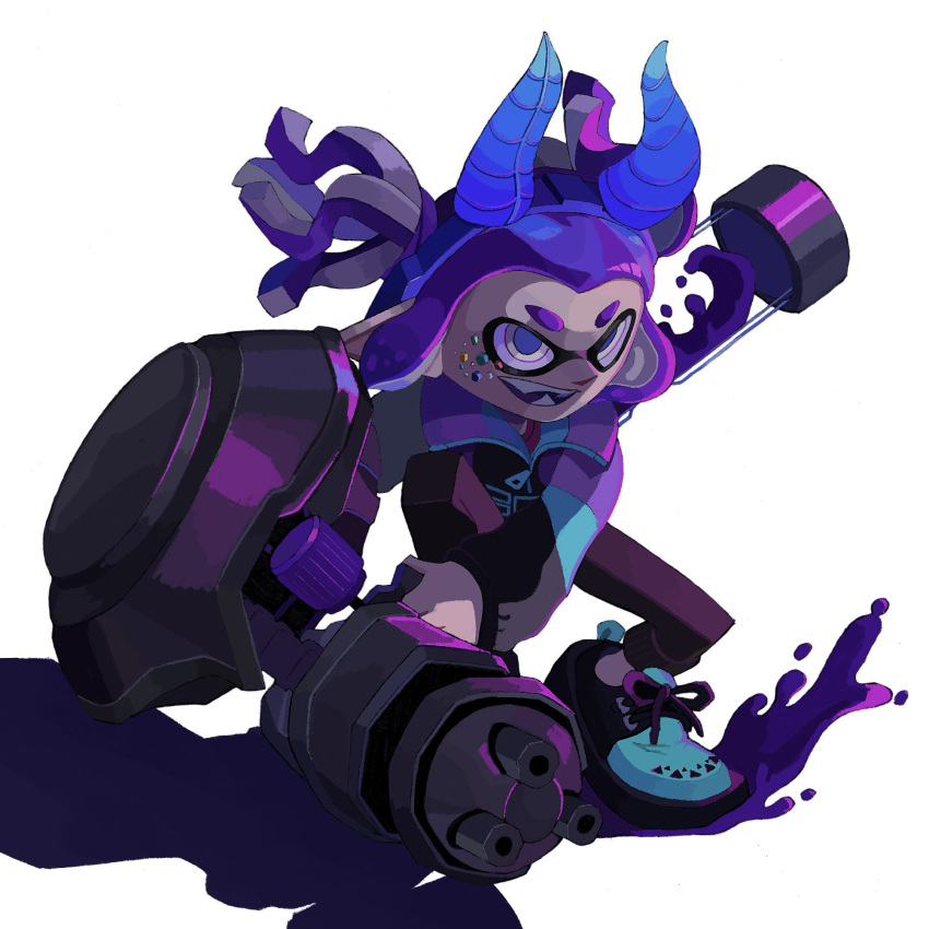 1girl, :d, black_pants, blue_horns, blue_pupils, colored_tongue, fake_horns, fangs