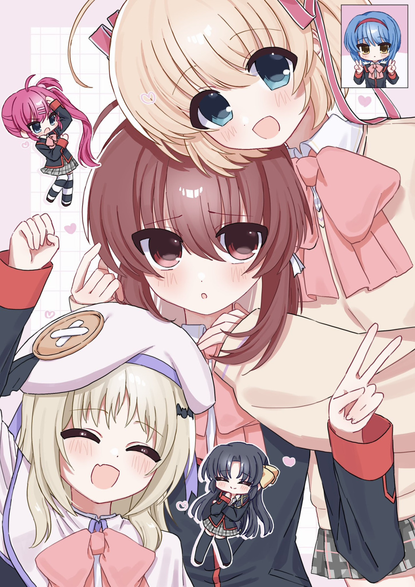 6+girls, :d, ^_^, ahoge, aqua_eyes, arm_up, bat_hair_ornament, beret