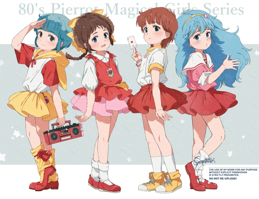 4girls, ace_(playing_card), ace_of_hearts, arm_up, between_fingers, blue_eyes, blue_hair, blush