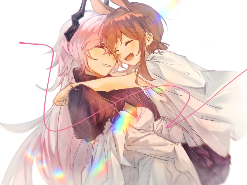 2girls, :d, ^_^, amiya_(arknights), animal_ears, arknights, black_horns, blurry