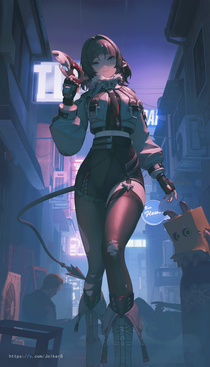 1girl, 2boys, absurdres, after_battle, alley, animal_ears, artist_name, asymmetrical_legwear, bagboo_(zenless_zone_zero), bangboo_(zenless_zone_zero), black_gloves, black_hair, black_necktie, black_pantyhose, black_shirt, black_shorts, black_thighhighs, blue_eyes, blush, boots, breasts, city, closed_mouth, commentary, condenser_unit, crop_top, cropped_jacket, cropped_torso, defeat, fingerless_gloves, fur-trimmed_jacket, fur_trim, garter_straps, gloves, grey_footwear, grey_jacket, high-waist_shorts, highres, holding, holding_knife, holding_weapon, jacket, jane_doe_(zenless_zone_zero), jolker, knife, long_hair, long_sleeves, looking_at_viewer, medium_breasts, midriff, mouse_ears, mouse_girl, mouse_tail, multicolored_necktie, multiple_boys, necktie, night, outdoors, pantyhose, power_lines, sharp_tail, shirt, shorts, sign, single_leg_pantyhose, single_thighhigh, smile, standing, tail, thigh-highs, torn_clothes, torn_pantyhose, torn_thighhighs, twitter_username, uneven_legwear, weapon, web_address, zenless_zone_zero