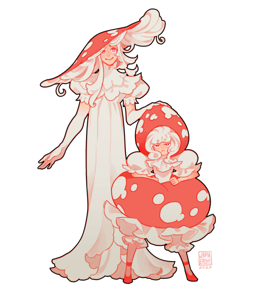 2girls, artist_name, dated, dress, fairy, hand_on_another's_head, hands_on_own_hips, hat