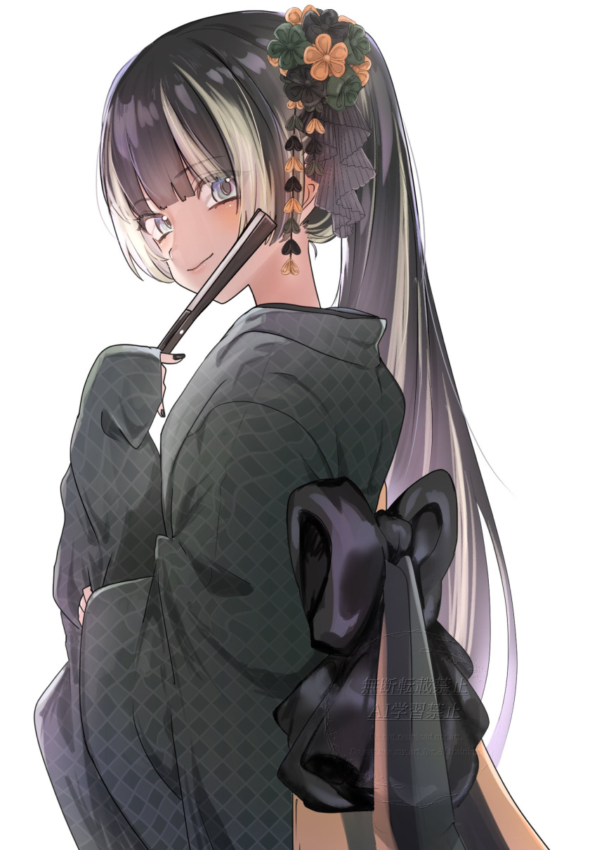 1girl, alternate_costume, argyle_clothes, argyle_kimono, back_bow, black_hair, black_nails, blonde_hair