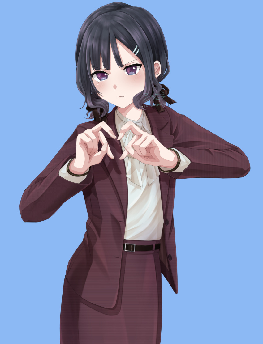 1girl, belt, black_hair, blue_background, brown_jacket, brown_skirt, commentary_request, hair_ornament