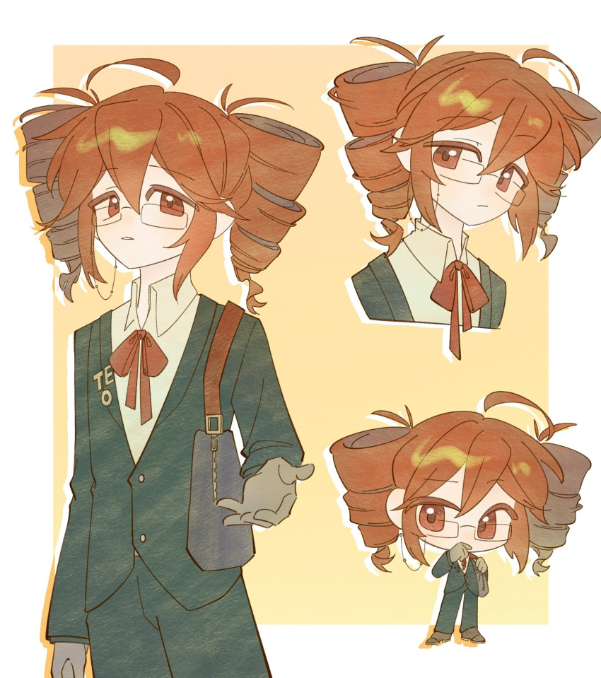 1girl, ahoge, alternate_costume, bag, black_gloves, black_jacket, black_pants, brown_footwear