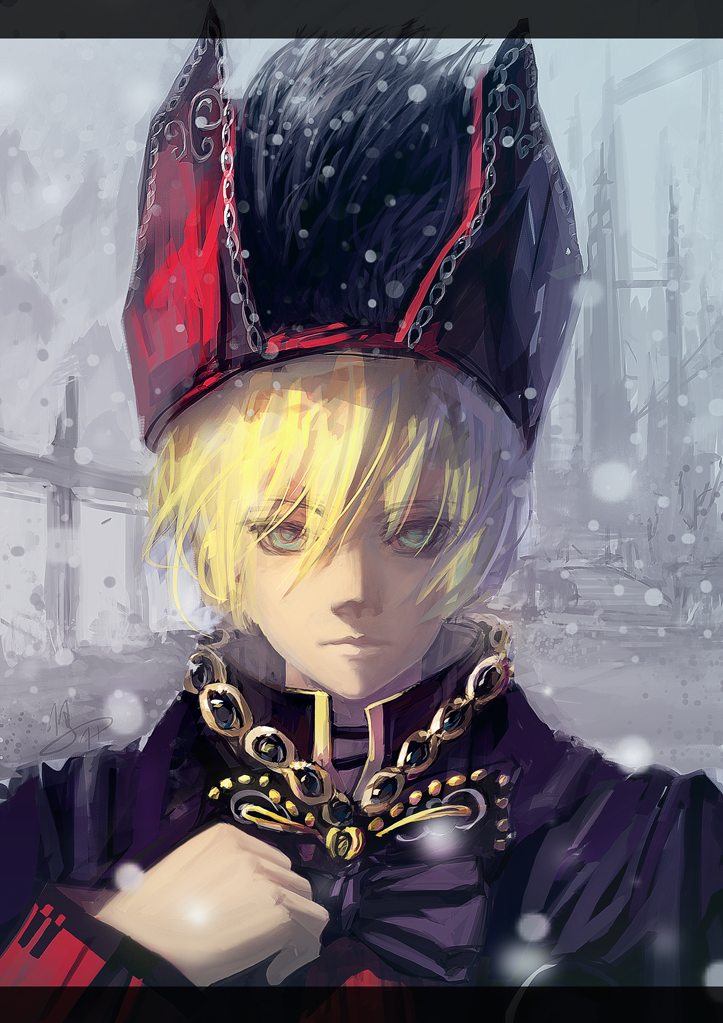 blonde_hair, bow, green_eyes, hand, hat, headdress, jewelry, kagamine_len