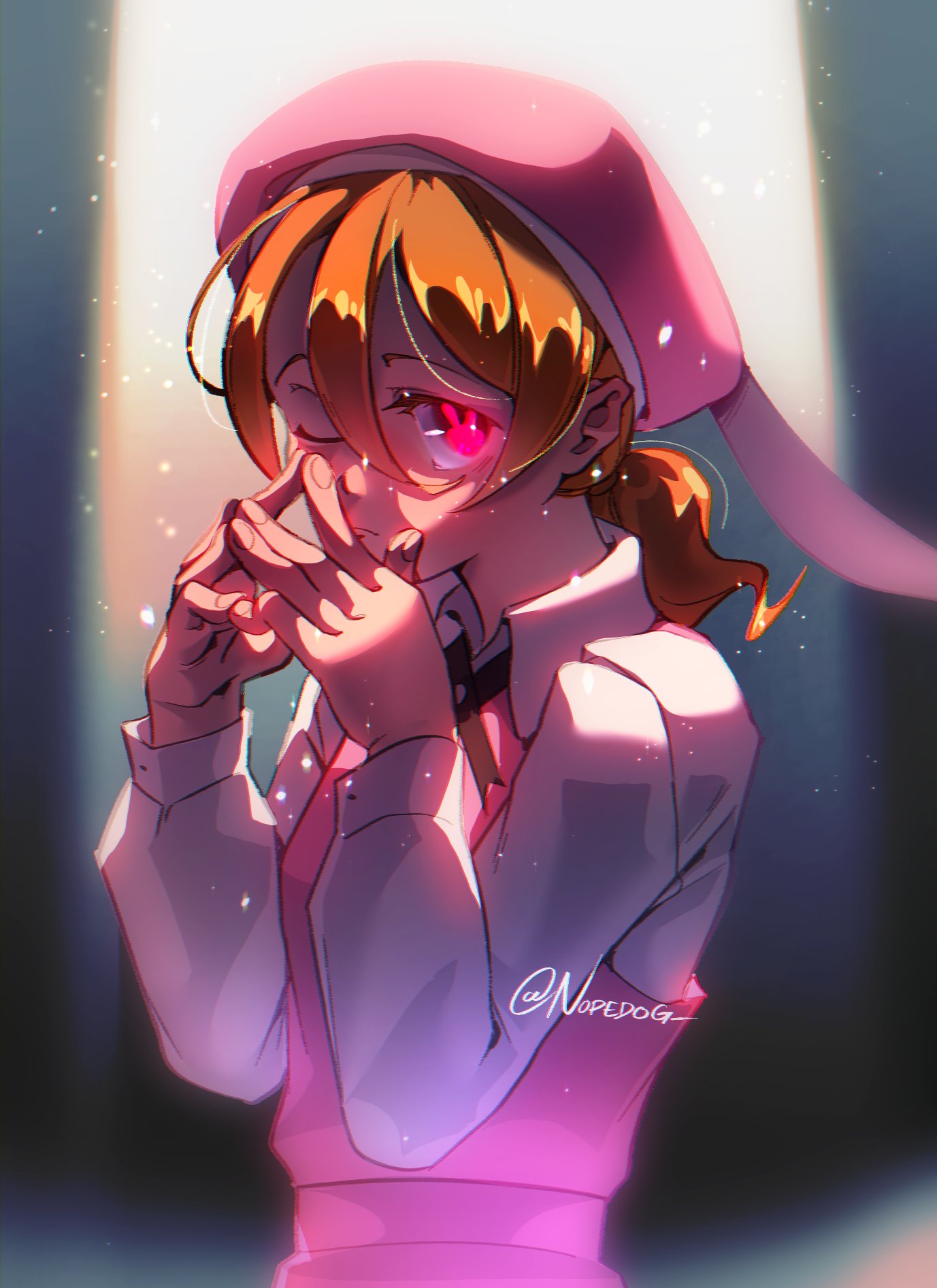 1girl, animal_ears, beret, connor_(nopedog), fake_animal_ears, glowing, glowing_eyes, hat