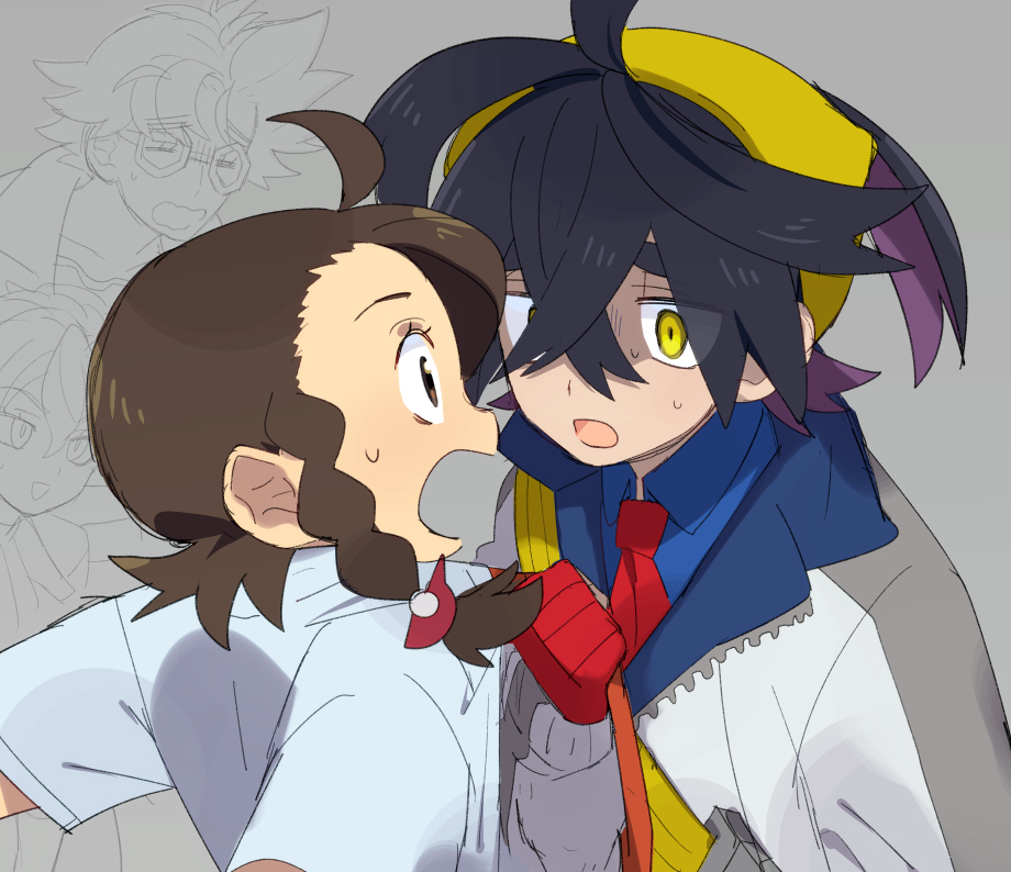 2boys, 2girls, black_hair, blue_shirt, braid, briar_(pokemon), brown_eyes, brown_hair