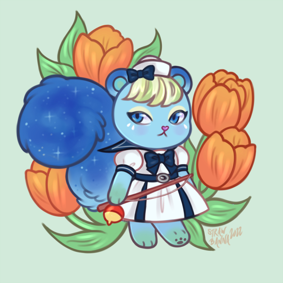 1girl, animal_crossing, blue_eyes, dress, fishing_rod, flower, full_body, furry