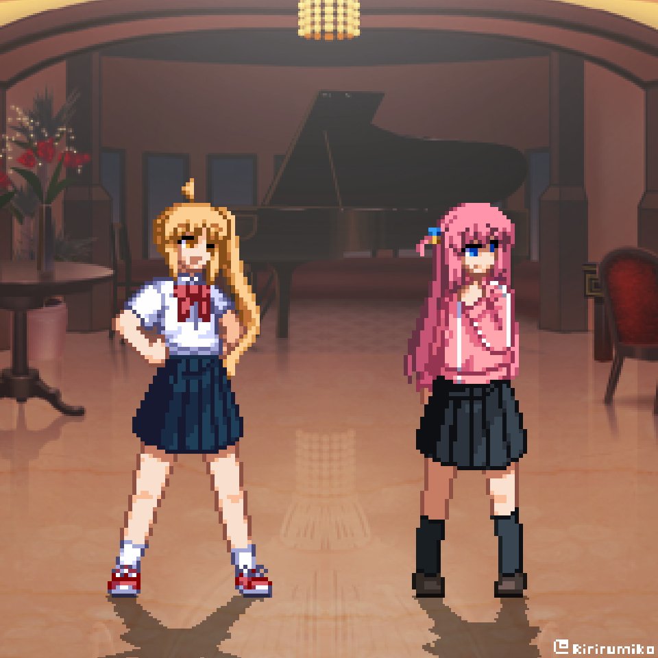 2girls, blonde_hair, blue_eyes, bocchi_the_rock!, bow, cube_hair_ornament, gotoh_hitori, hair_ornament, ijichi_nijika, indoors, instrument, jacket, kneehighs, long_hair, multiple_girls, piano, pink_hair, pixel_art, pleated_skirt, ribbon, ririrumiko, school_uniform, shirt, shoes, side_ponytail, skirt, socks, track_jacket