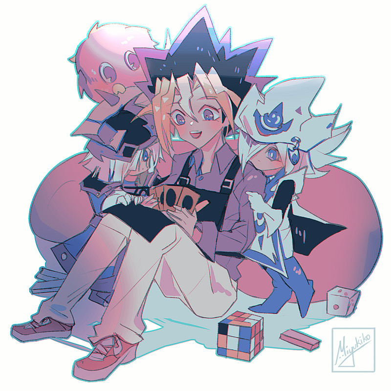 1girl, 2boys, blonde_hair, brown_fur, card, dice, duel_monster, fake_horns, gloves, grey_hair, hat, helmet, holding, holding_card, horned_helmet, horns, kuriboh, miyukiko, multicolored_hair, multiple_boys, muto_yugi, pants, rubik's_cube, signature, silent_magician, silent_magician_lv4, silent_swordsman, silent_swordsman_lv3, sitting, violet_eyes, white_gloves, white_hat, white_pants, wizard_hat, yu-gi-oh!
