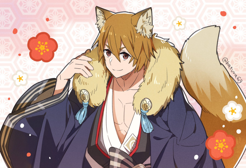 1boy, animal_ear_fluff, animal_ears, brown_eyes, closed_mouth, fire_emblem, fire_emblem_fates, fire_emblem_heroes, fox_ears, fox_tail, hair_between_eyes, highres, japanese_clothes, kaden_(fire_emblem), kaden_(new_year)_(fire_emblem), katsura_ichiho, kimono, looking_at_viewer, multicolored_hair, official_alternate_costume, tail, two-tone_hair, wide_sleeves