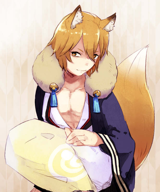 1boy, animal_ear_fluff, animal_ears, blonde_hair, fire_emblem, fire_emblem_fates, fire_emblem_heroes, fox_ears, fox_tail, hair_between_eyes, japanese_clothes, kaden_(fire_emblem), kaden_(new_year)_(fire_emblem), kimono, kurusu156, long_sleeves, looking_at_viewer, multicolored_hair, official_alternate_costume, tail, two-tone_hair, wide_sleeves
