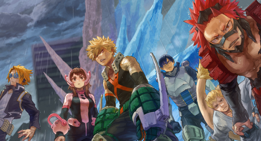 1girl, 5boys, absurdres, armor, bakugou_katsuki, black_jacket, black_pants, black_tank_top
