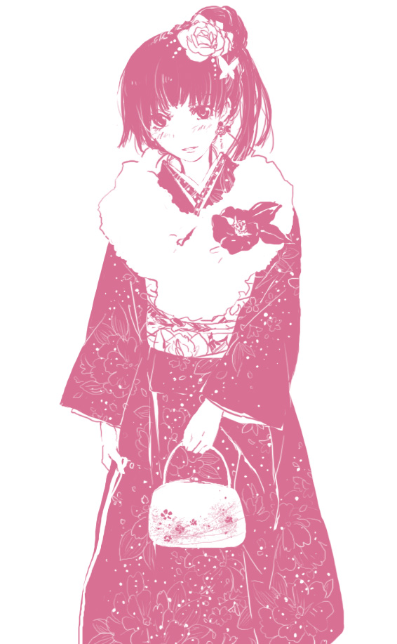 bad_id, bag, blush, earrings, face, furisode, hair_up, japanese_clothes