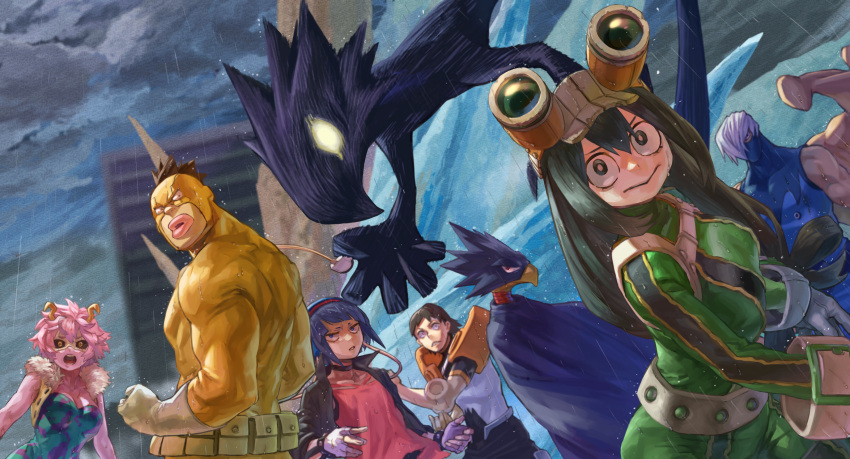 3girls, 4boys, absurdres, angry, armor, ashido_mina, asui_tsuyu, beak