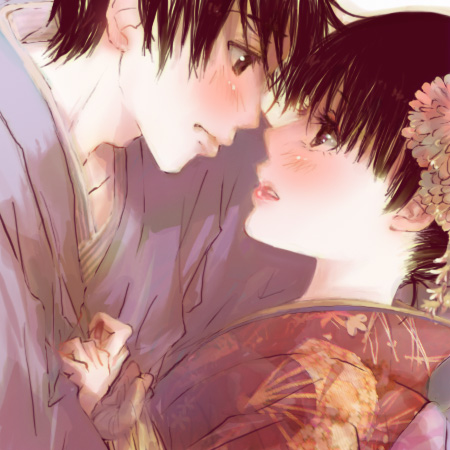 blush, brown_eyes, eye_contact, flower, hair_flower, hair_ornament, japanese_clothes, kazehaya_shouta