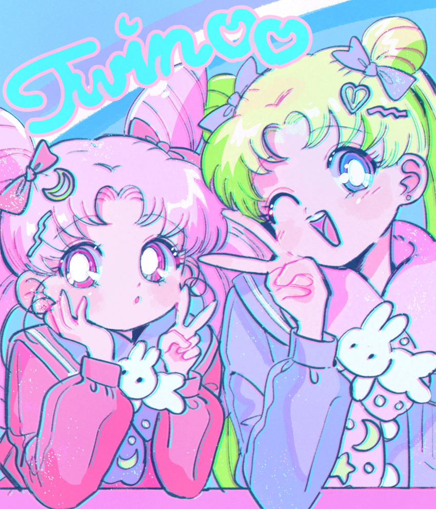 1990s_(style), 2girls, :o, ;d, bishoujo_senshi_sailor_moon, blue_background, blue_eyes, bow, bright_pupils, chibi_usa, chromatic_aberration, crescent, crescent_hair_ornament, crescent_print, english_text, green_hair, hair_behind_ear, hair_bow, hair_ornament, hand_on_own_cheek, hand_on_own_face, hands_up, heart, heart_hair_ornament, highres, korozikoro, long_hair, long_sleeves, looking_at_viewer, multiple_girls, one_eye_closed, open_mouth, parted_bangs, pink_bow, pink_eyes, pink_hair, pink_scarf, pink_shirt, puffy_long_sleeves, puffy_sleeves, purple_bow, purple_sailor_collar, purple_shirt, retro_artstyle, sailor_collar, sailor_moon, scarf, shirt, simple_background, smile, star_(symbol), star_print, table, twintails, twintails_day, upper_body, v, white_pupils