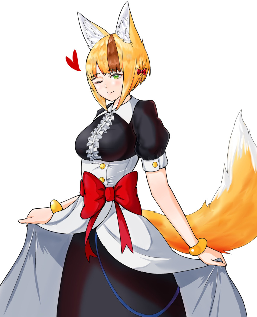 1girl, alternate_costume, animal_ears, blonde_hair, brown_hair, cat_neko_cat1, fire_emblem, fire_emblem_fates, fox_ears, fox_girl, fox_tail, highres, maid, multicolored_hair, selkie_(fire_emblem), streaked_hair, tail, two-tone_hair