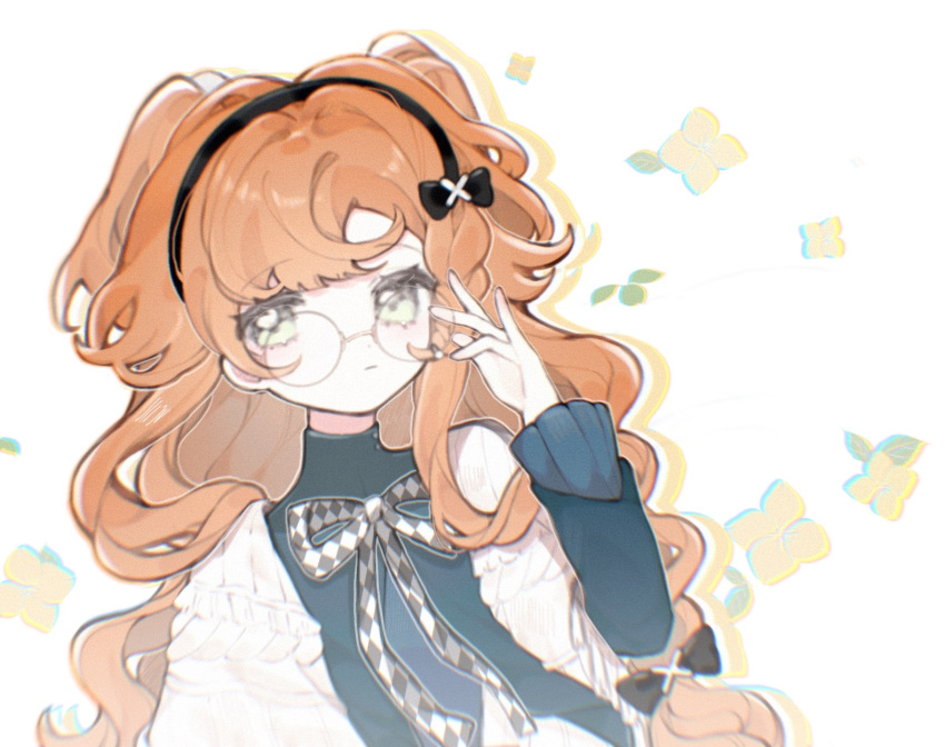 1girl, aa_huaju_pifa_ma_zong, adjusting_eyewear, black_bow, black_hairband, blue_dress, bow, capelet