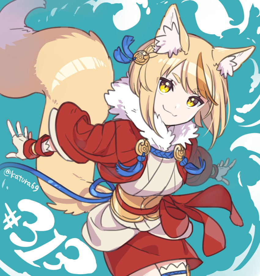 1girl, absurdres, animal_ears, brown_hair, fire_emblem, fire_emblem_fates, fox_ears, fox_girl, fox_tail, fur-trimmed_kimono, fur_trim, highres, japanese_clothes, katsura_ichiho, kimono, looking_at_viewer, multicolored_hair, selkie_(fire_emblem), streaked_hair, tail, two-tone_hair, yellow_eyes