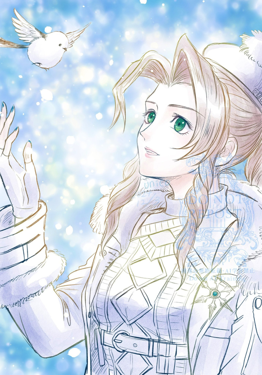 1girl, aerith_gainsborough, aerith_gainsborough_(fairy_of_snowfall), aqua_nails, bird, blue_background, braid, braided_ponytail