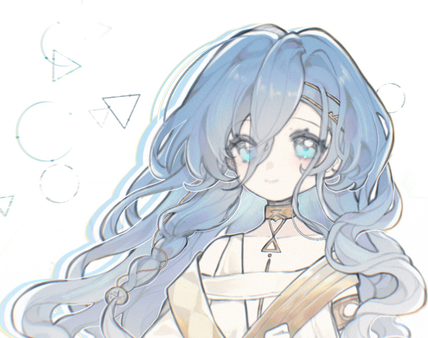1girl, 37_(reverse:1999), aa_huaju_pifa_ma_zong, ancient_greek_clothes, armlet, bare_shoulders, blue_eyes, blue_hair, circle, closed_mouth, drop_shadow, gold_choker, greco-roman_clothes, hair_between_eyes, highres, jewelry, long_hair, looking_at_viewer, reverse:1999, smile, solo, toga, transparent_background, triangle, upper_body, very_long_hair