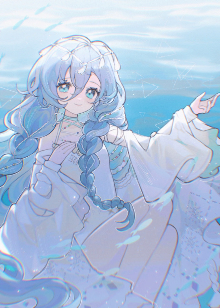 1girl, 37_(down_in_the_grotto)_(reverse:1999), 37_(reverse:1999), aa_huaju_pifa_ma_zong, bare_shoulders, blue_eyes, blue_hair, braid