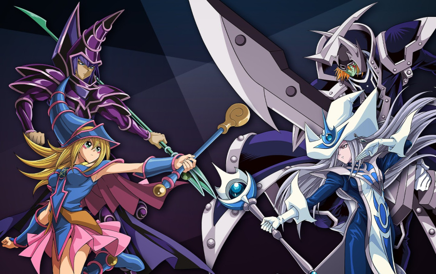 2boys, 2girls, armor, blonde_hair, blue_armor, blue_dress, blue_hat, colored_skin