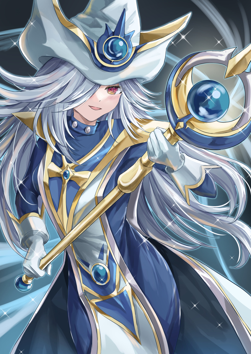 1girl, absurdres, blue_dress, dress, duel_monster, gloves, grey_hair, hair_over_one_eye, hat, highres, holding, holding_staff, long_hair, looking_at_viewer, misakura_aoi, silent_magician, silent_magician_zero, smile, sparkle, staff, white_gloves, white_hat, wizard_hat, yu-gi-oh!