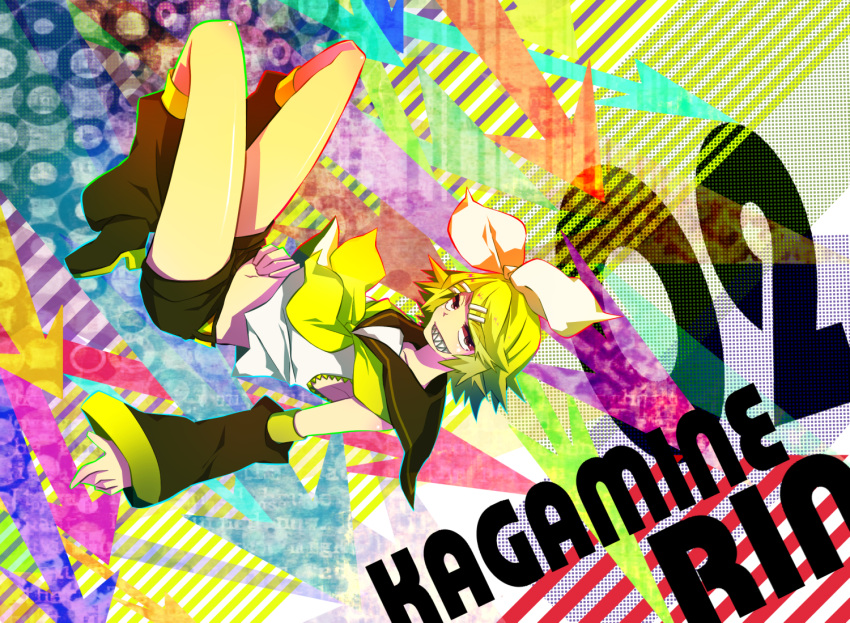 blonde_hair, bow, colorful, detached_sleeves, floating, hairclip, jagged_teeth, kagamine_rin, leg_warmers, navel, short_shorts, smile, vocaloid