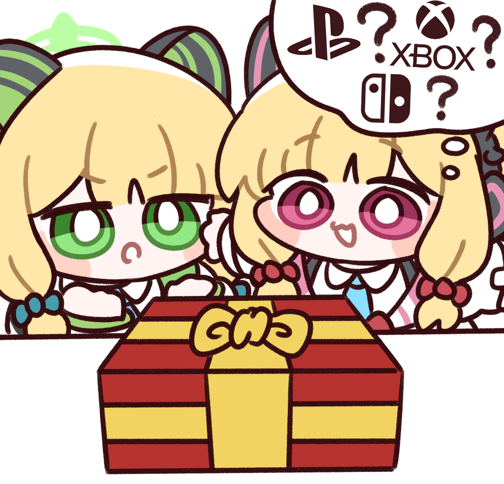 2girls, animal_ear_headphones, animal_ears, blonde_hair, blue_archive, blue_bow, blue_necktie, blush_stickers