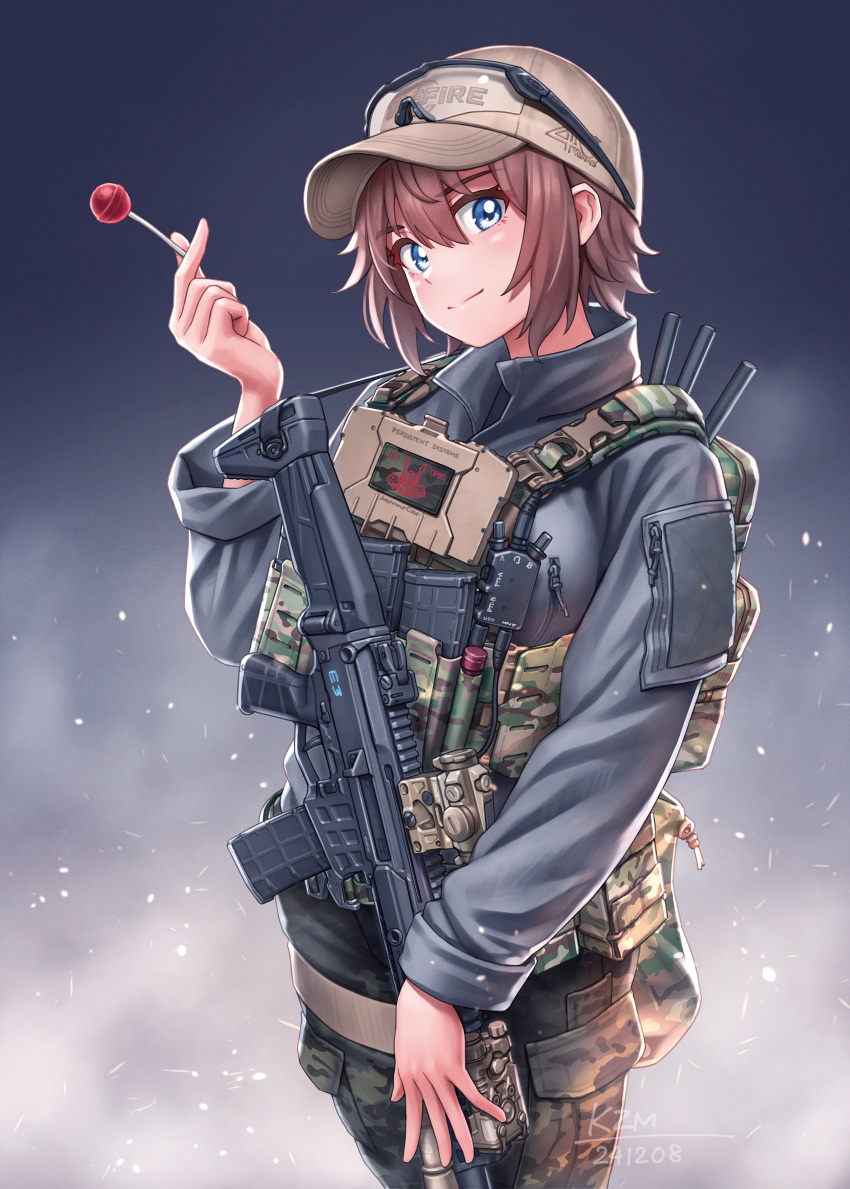 1girl, absurdres, ammunition_pouch, assault_rifle, baseball_cap, black_jacket, brown_hair, bulletproof_vest