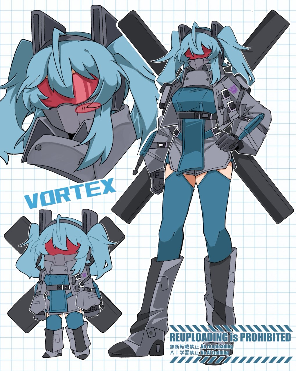 1girl, ahoge, blue_hair, blush_stickers, boots, breasts, character_name, coat