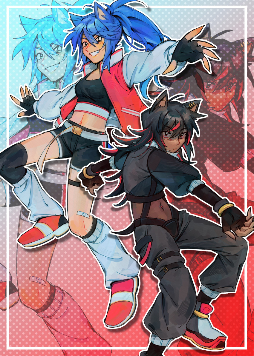 2girls, absurdres, bandaid, bandaid_on_leg, belt, black_gloves, black_hair, black_nails