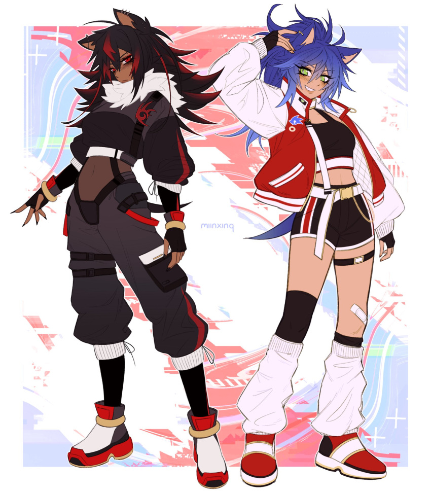 2girls, artist_name, belt, black_gloves, black_hair, black_nails, black_pants, black_shirt