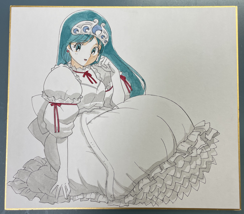 1girl, absurdres, aqua_hair, circlet, dress, earrings, elbow_gloves, frilled_dress