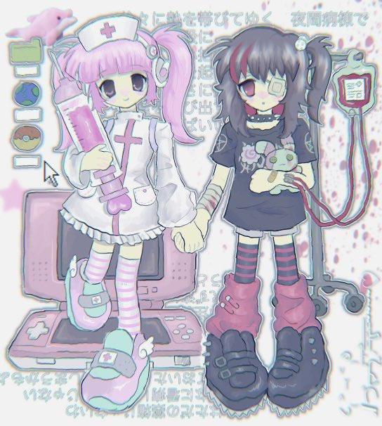 2000s_(style), 2girls, commentary_request, cursor, dress, emo_fashion, handheld_game_console, hat