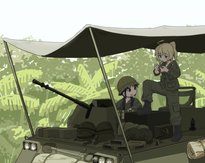 2girls, alternate_costume, aqua_eyes, black_eyes, black_footwear, black_hair, blonde_hair, boots