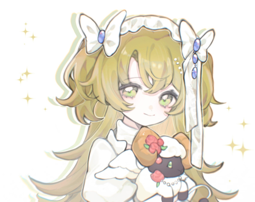 1girl, aa_huaju_pifa_ma_zong, animal, blonde_hair, bow, dress, drop_shadow, green_eyes