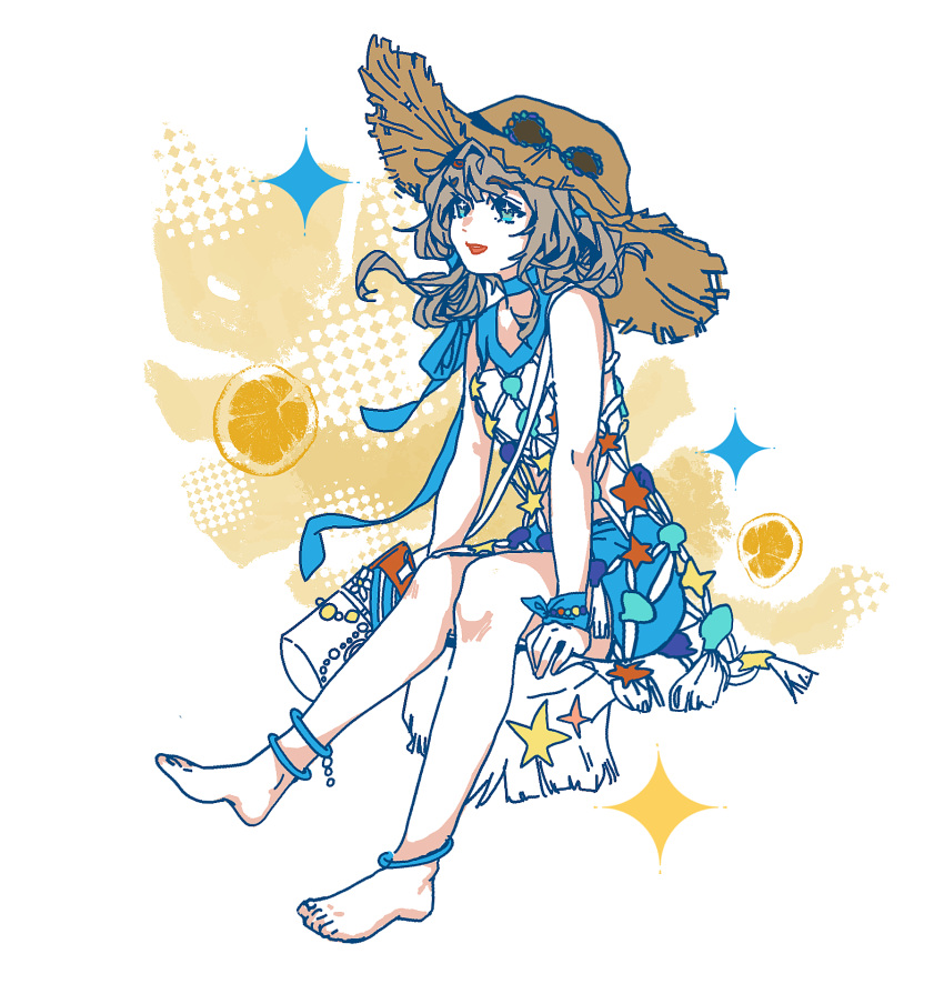 1girl, :d, anklet, bag, barefoot, blue_bow, blue_choker, blue_eyes, blue_shorts, bow, brown_hair, brown_hat, choker, eyewear_on_headwear, fishnet_dress, flat_color, full_body, halftone, halftone_background, hat, highres, invisible_chair, jewelry, looking_up, marcus_(reverse:1999), medium_hair, official_alternate_costume, reverse:1999, shorts, shoulder_bag, sitting, smile, solo, sparkle, strapless, straw_hat, sunglasses, tube_top, white_background, white_tube_top, wrist_bow, zaixian_zuomeng