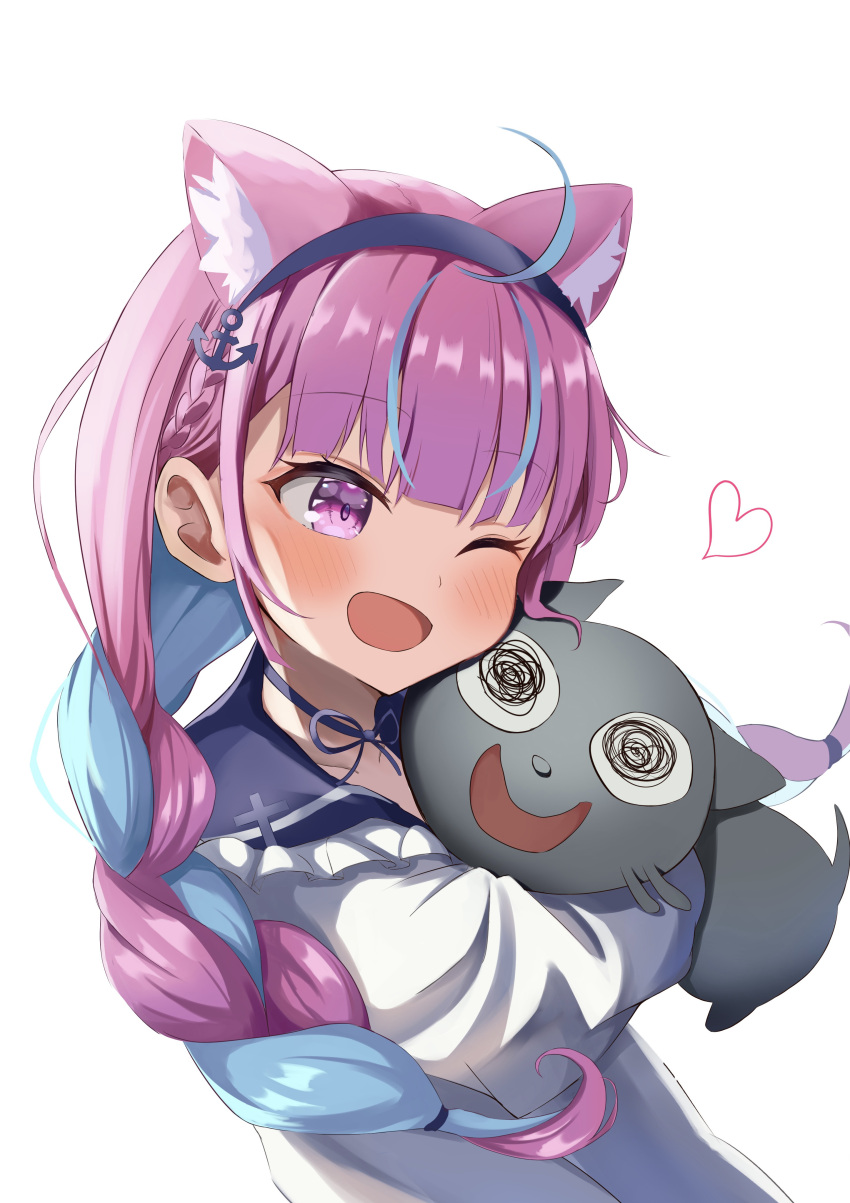 1girl, ;d, absurdres, ahoge, anchor_hair_ornament, animal_ear_fluff, animal_ears, animal_hug