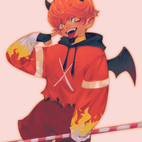 1boy, colored_skin, cookie_run, demon_horns, demon_wings, devil_cookie, holding, holding_pitchfork