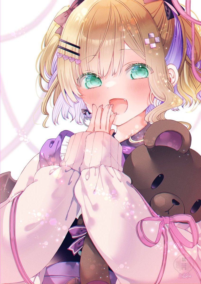 1girl, black_bow, black_shirt, blonde_hair, blush, bow, bow_earrings, colored_inner_hair