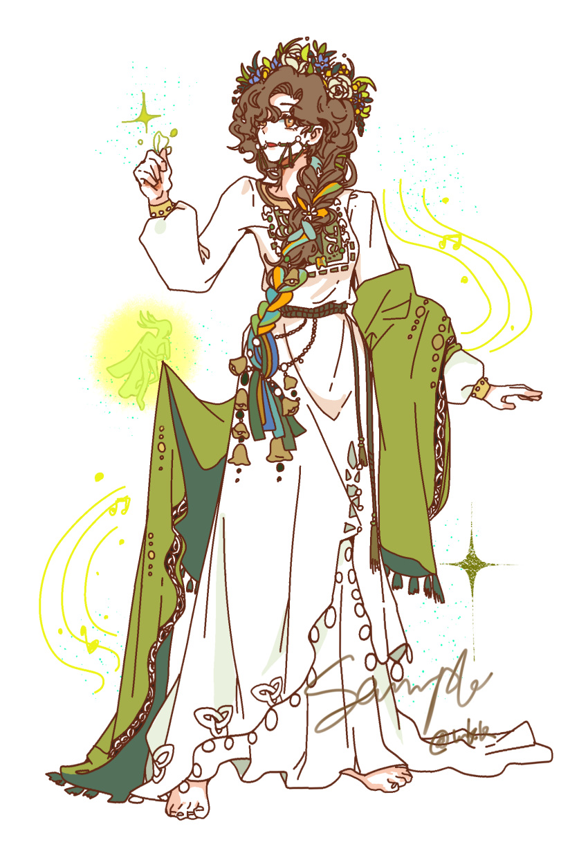 1girl, absurdres, barefoot, beamed_eighth_notes, bell, braid, brown_hair, creature, dress, eighth_note, fairy, flat_color, flower, flower_wreath, full_body, green_shawl, hair_bell, hair_ornament, hand_up, head_wreath, highres, legs_apart, long_braid, long_dress, long_hair, long_sleeves, looking_to_the_side, looking_up, musical_note, official_alternate_costume, orange_eyes, puffy_long_sleeves, puffy_sleeves, reverse:1999, sample_watermark, single_braid, solo, sparkle, staff_(music), standing, tooth_fairy_(reverse:1999), turning_head, watermark, white_dress, white_flower, zaixian_zuomeng