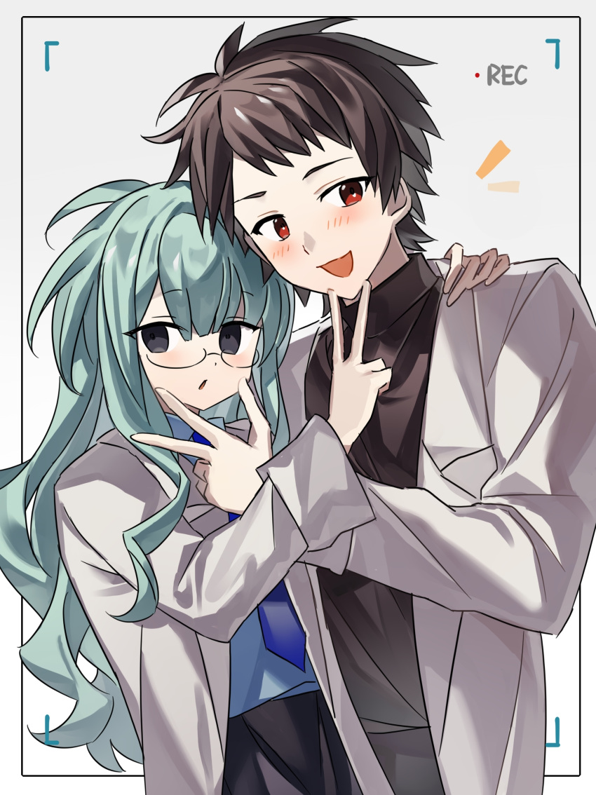 1boy, 1girl, absurdres, aqua_hair, artist_self-insert, black_eyes, black_shirt, blue_necktie