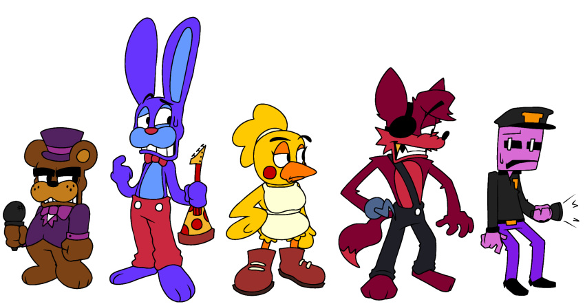 1girl, 4boys, apron, bear, bird, black_overalls, bonnie_(fnaf), brown_footwear, chica, chicken, five_nights_at_freddy's, flashlight, food, fox, foxy_(fnaf), freddy_fazbear, guitar, highres, instrument, michael_afton, mike_schmidt, non-web_source, overalls, pants, pizza, pizza_slice, purple_suit, rabbit, red_pants, redesign, retake, security_guard, suit