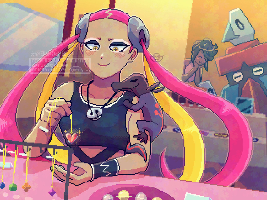 2girls, ^_^, bare_shoulders, black_hair, black_sports_bra, blonde_hair, breasts, closed_eyes