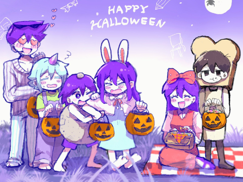 >_<, 2girls, 4boys, ^_^, aubrey_(headspace)_(omori), aubrey_(omori), barefoot, basil_(headspace)_(omori)